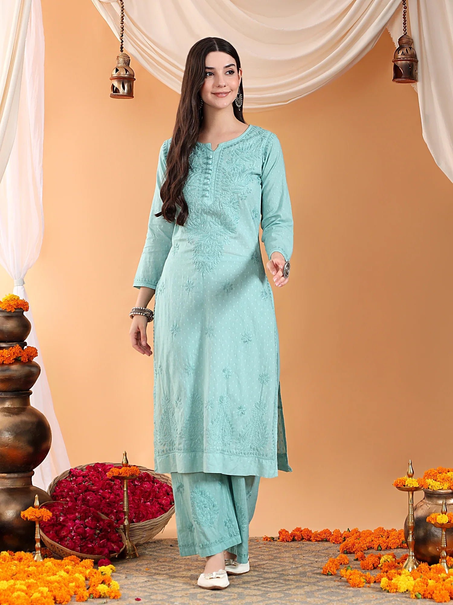 Priya Chikankari Kurta Palazzo Cotton Co-ord Set (Pastel Green) - Image 5