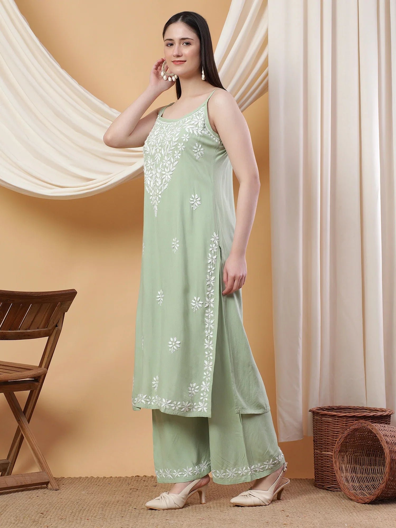 Raha Chikankari Strappy Rayon Co-ord Set (Pastel Green) - Image 5