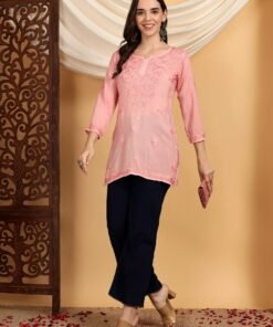 Misha Chikankari Modal Short Kurti (Pastel Peach)