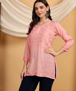 Alternative view of Misha Chikankari Modal Short Kurti (Pastel Peach)