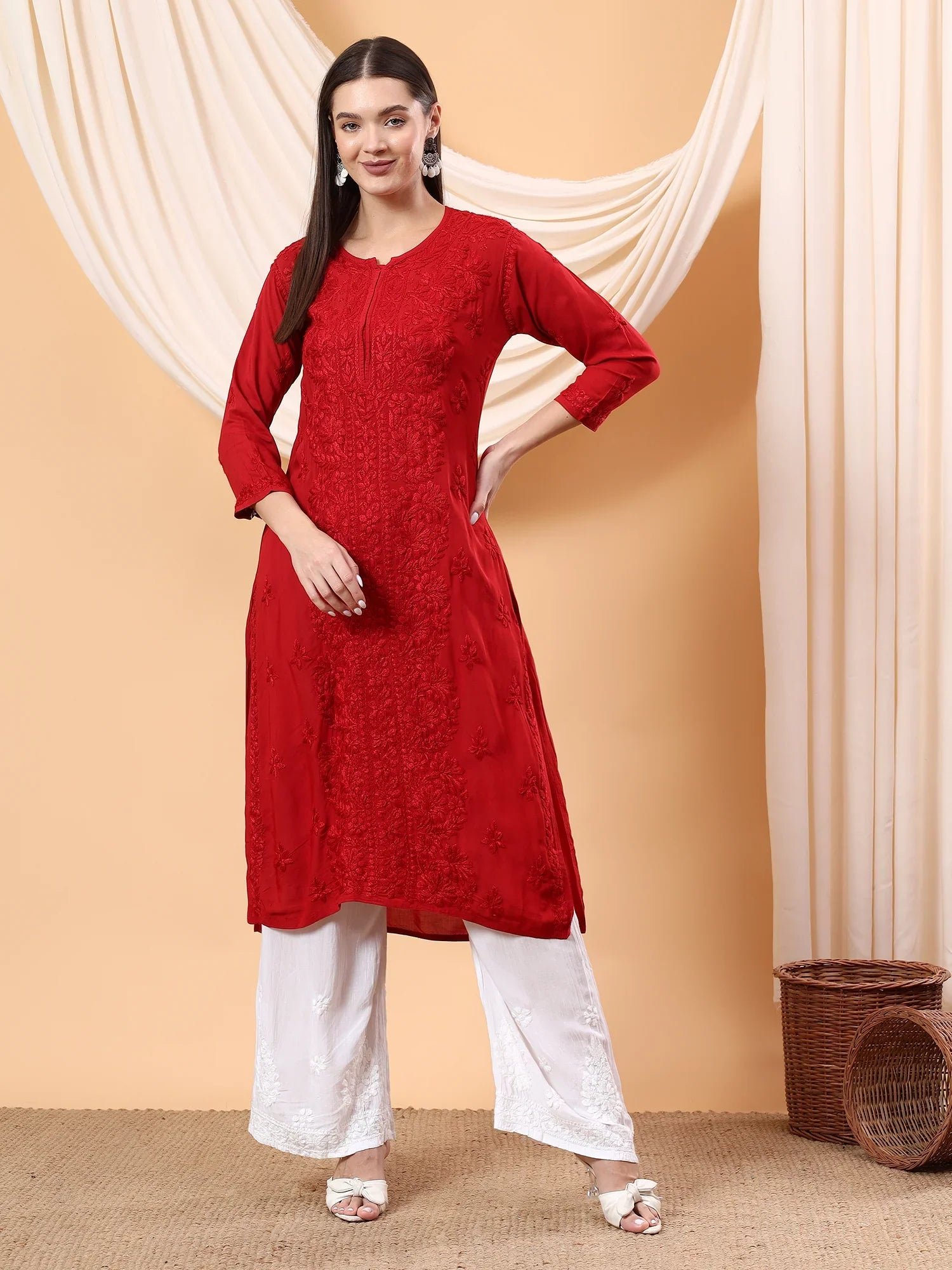 Alina Chikankari Modal Straight Kurta (Maroon) - Image 3