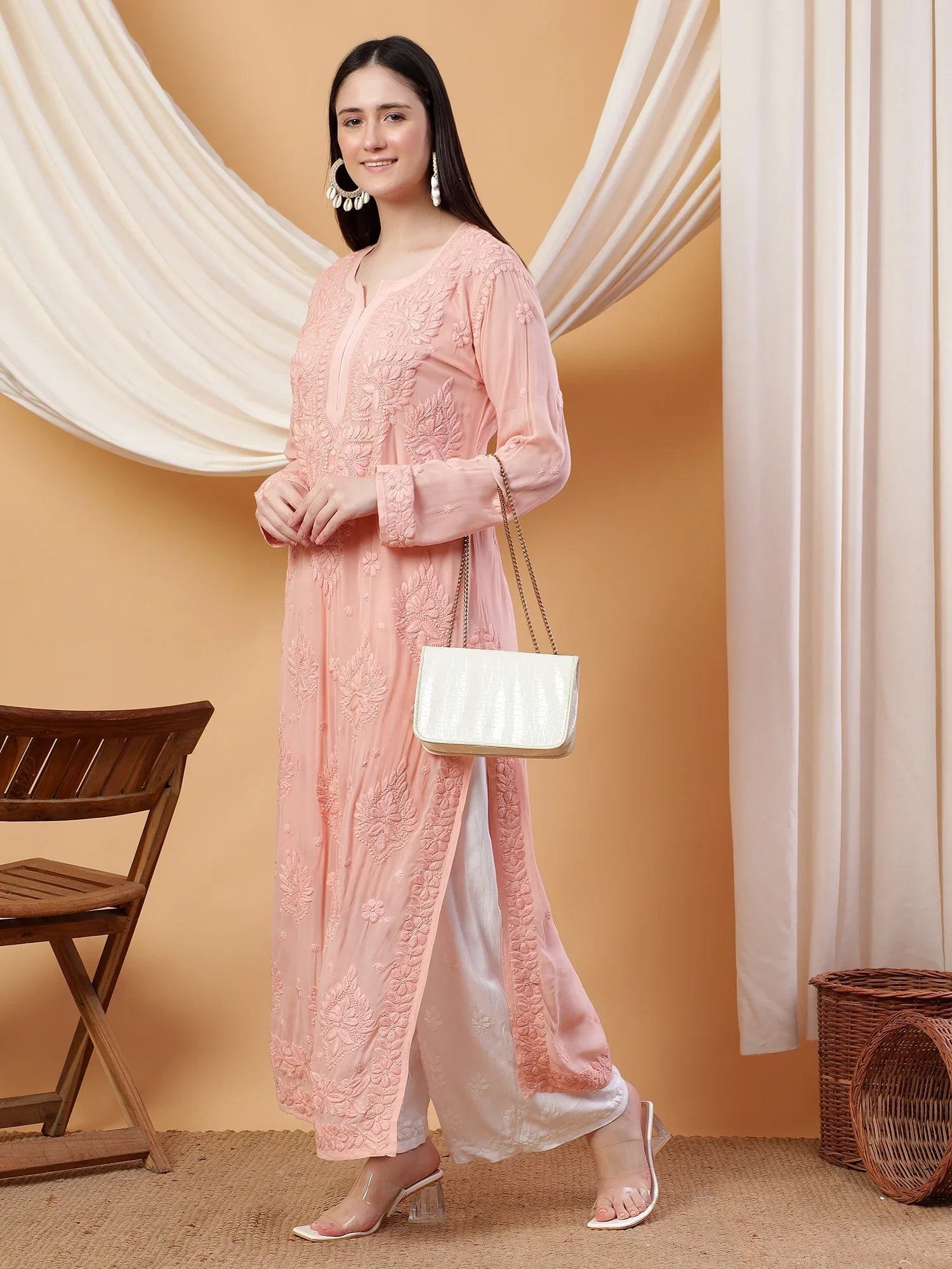 Dua Premium Viscose 3D Chikankari Straight Kurta (Beige) - Image 3
