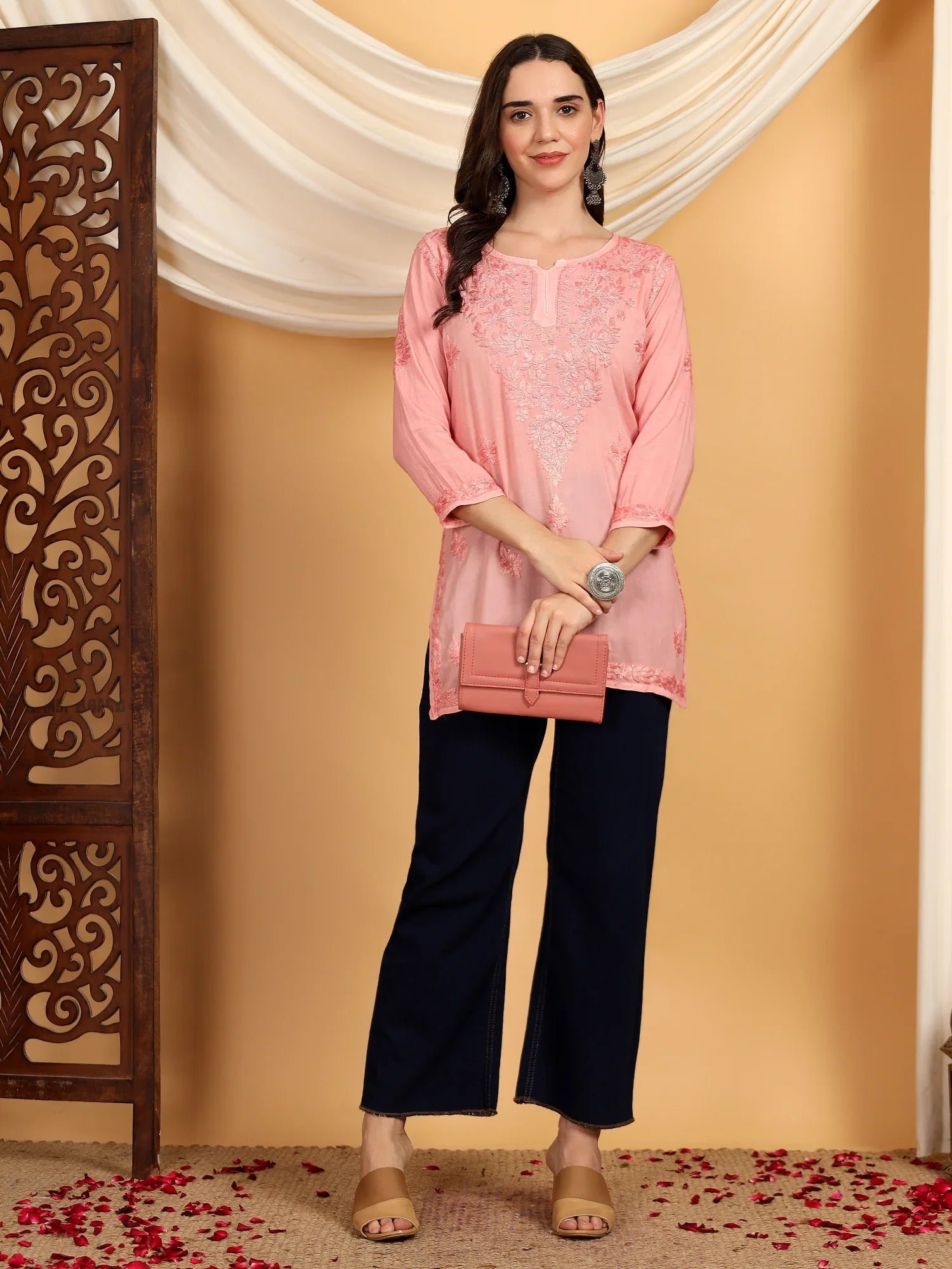 Misha Chikankari Modal Short Kurti (Pastel Peach) - Image 3