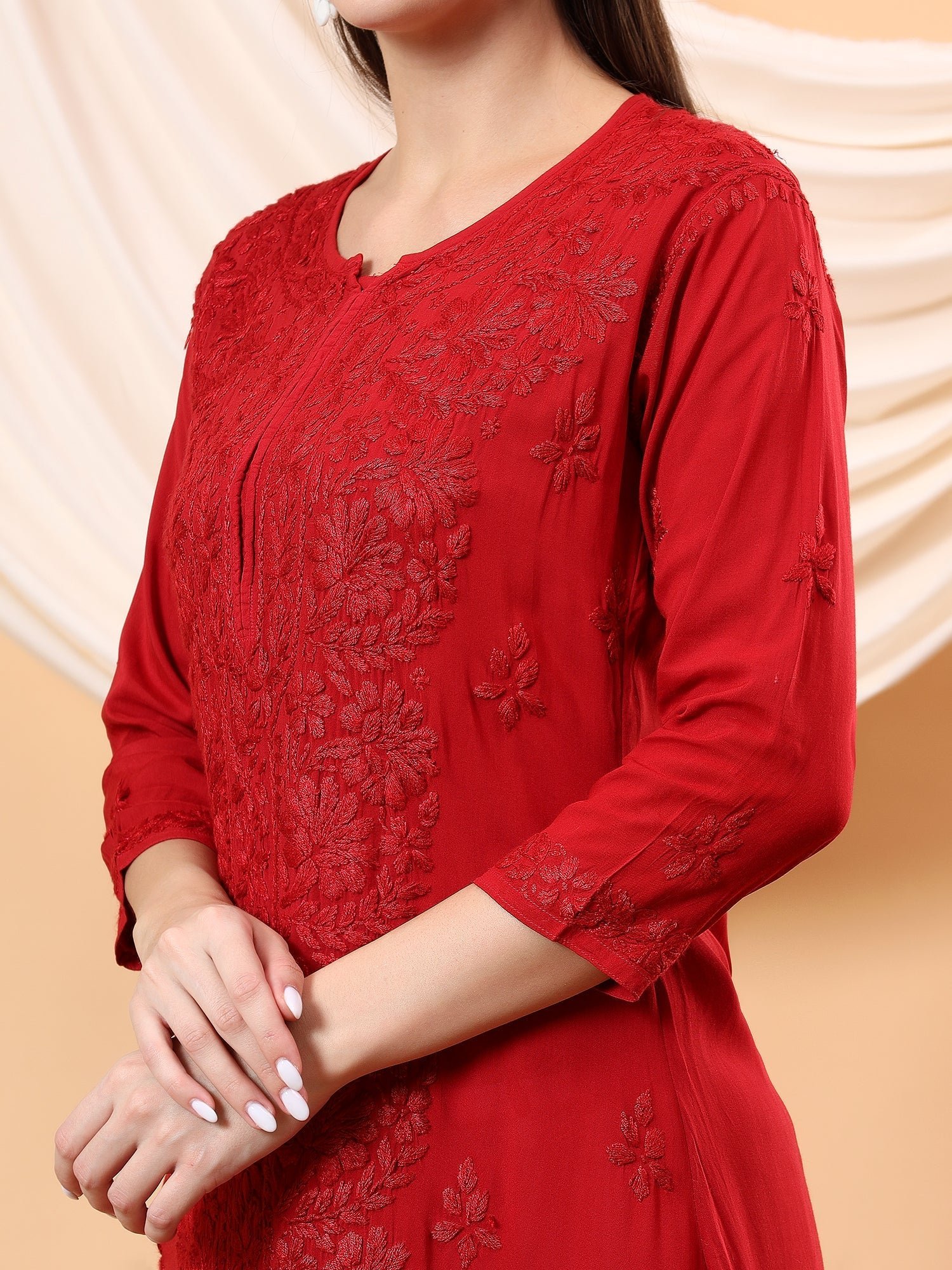Alina Chikankari Modal Straight Kurta (Maroon) - Image 4
