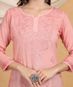 Misha Chikankari Modal Short Kurti (Pastel Peach) - Image 4