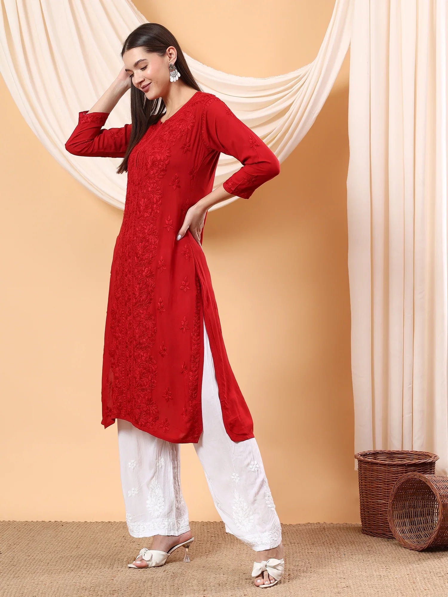 Alina Chikankari Modal Straight Kurta (Maroon) - Image 5