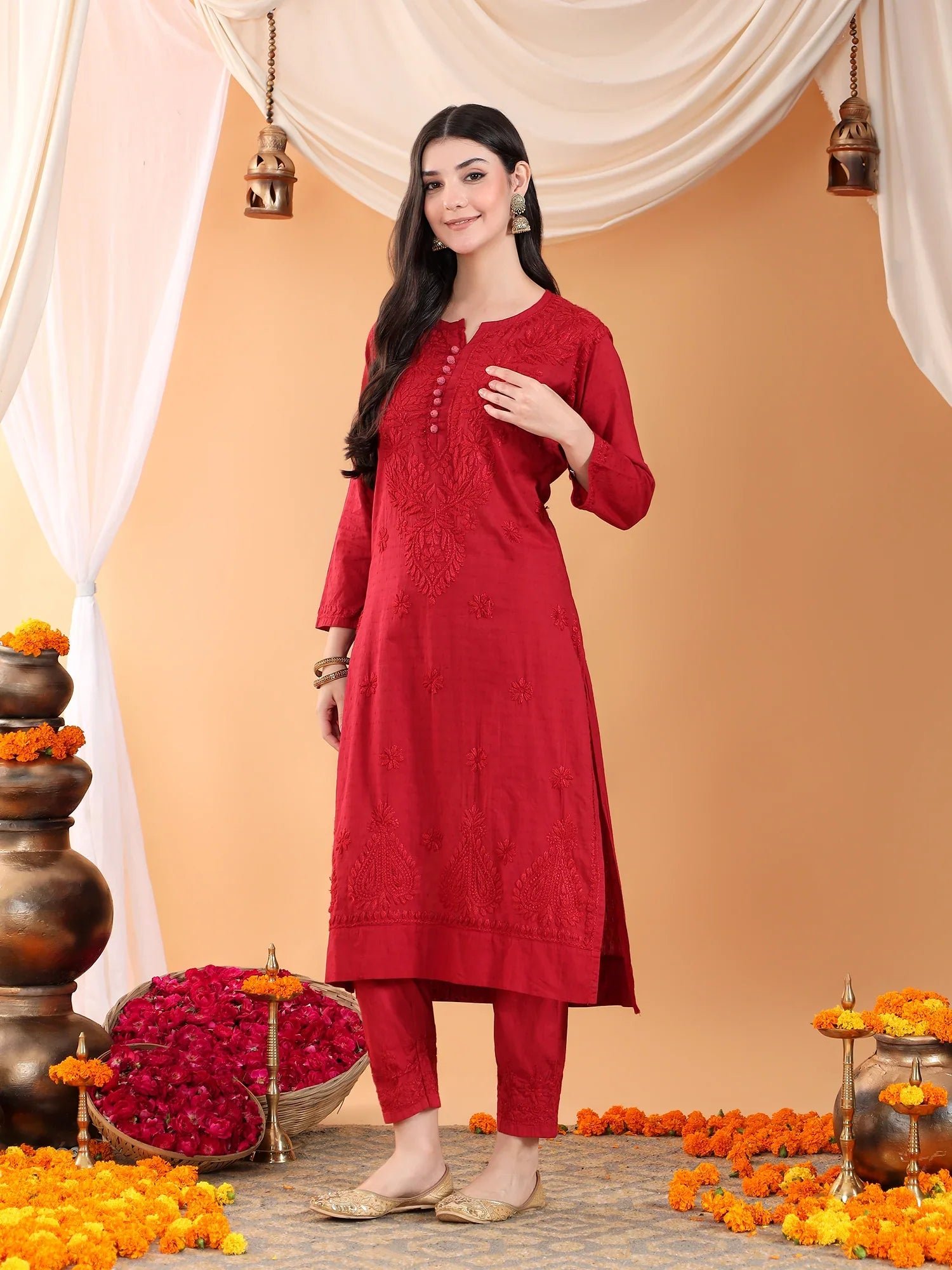 Ananya Chikankari Kurta Pant Cotton Co-ord Set (Maroon) - Image 6