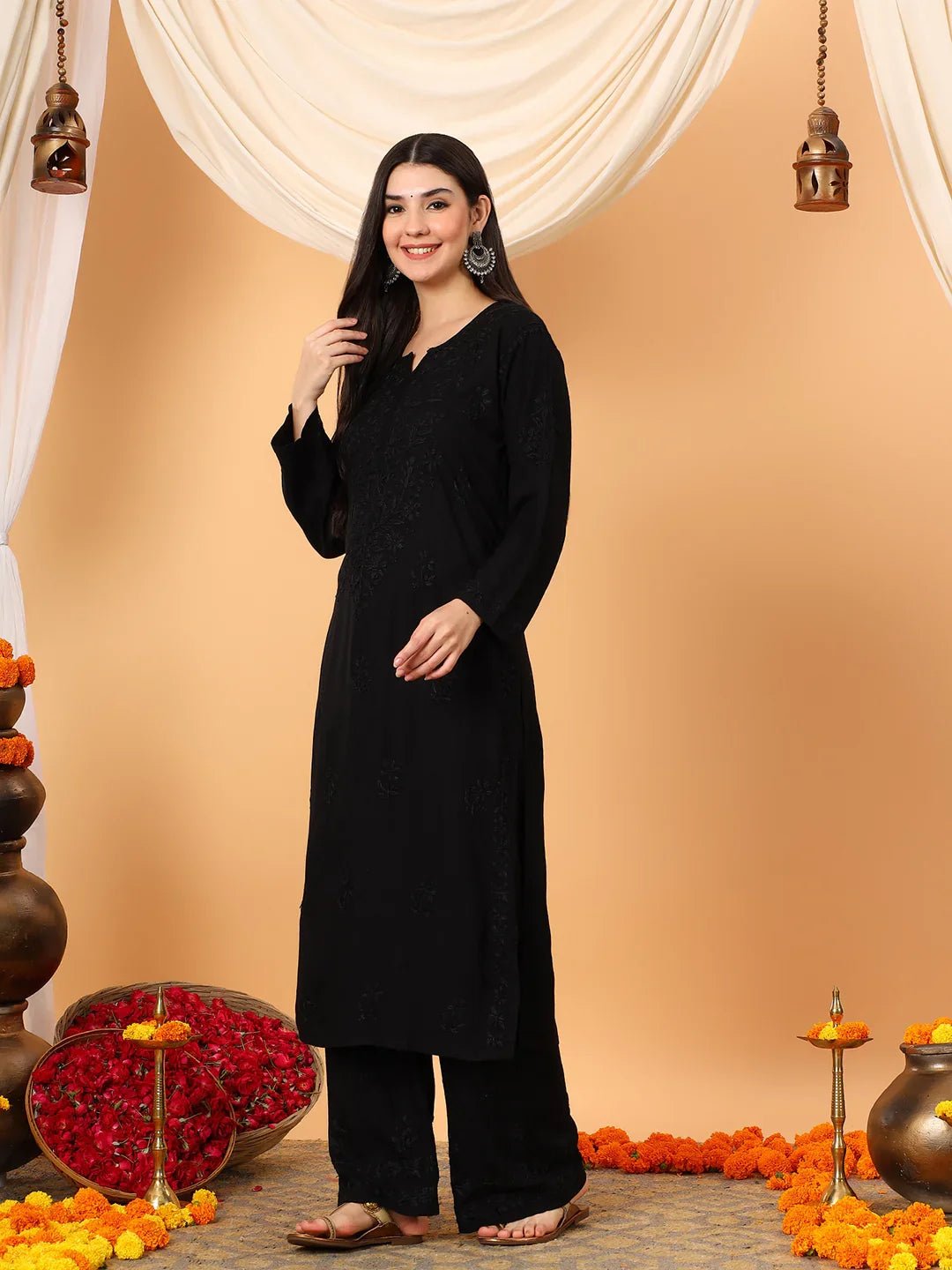Faiza Chikankari Rayon Co-ord Set (Black) - Image 3