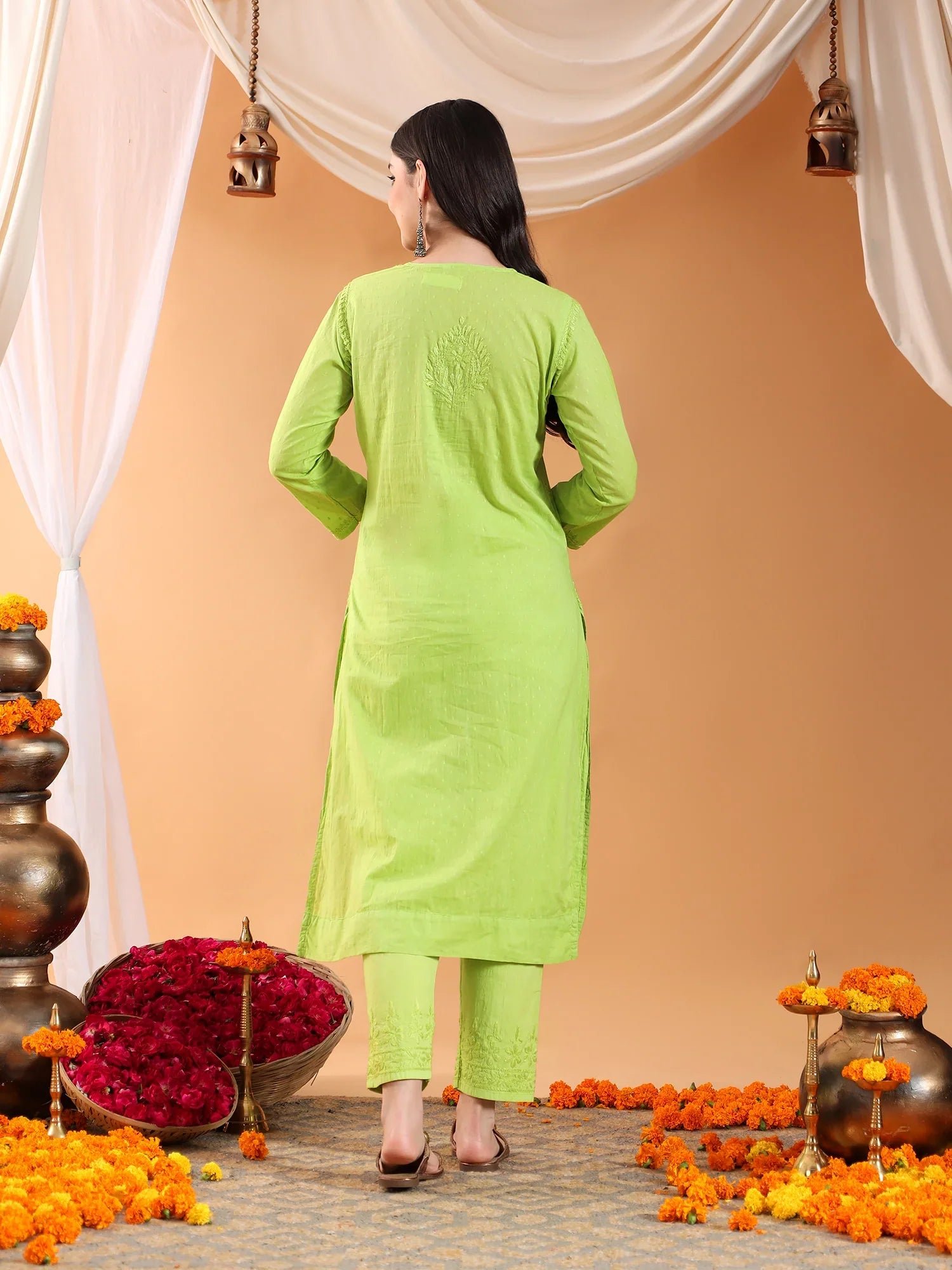 Ananya Chikankari Kurta Pant Cotton Co-ord Set (Parrot Green) - Image 9