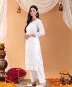 Ananya Chikankari Kurta Pant Cotton Co-ord Set (White) - Image 7