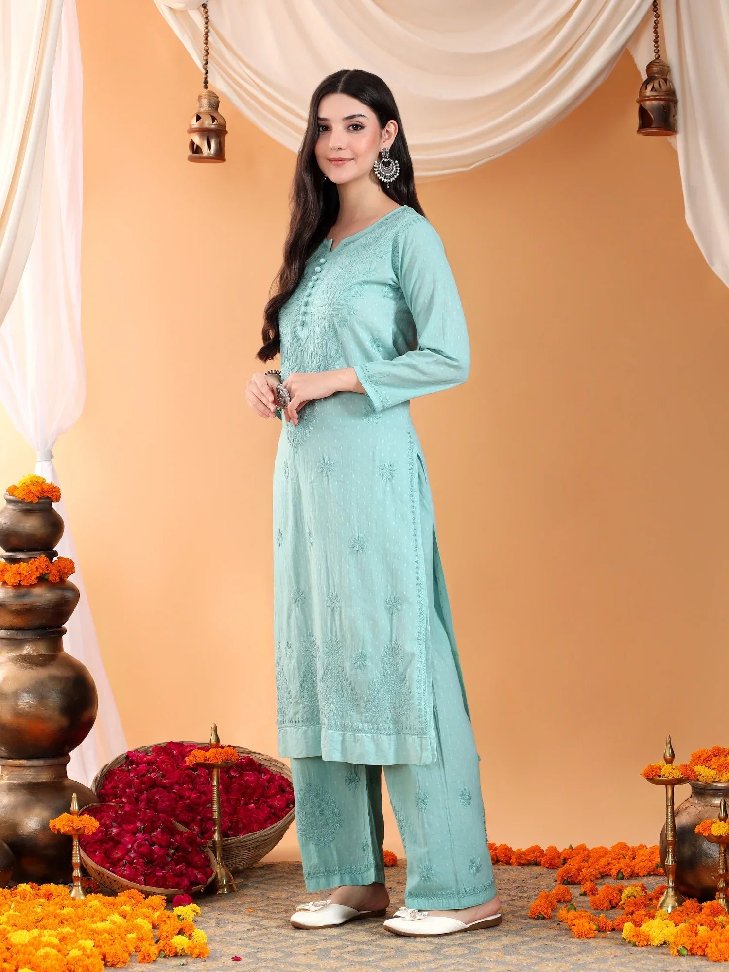 Priya Chikankari Kurta Palazzo Cotton Co-ord Set (Pastel Green) - Image 6