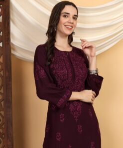 Alternative view of Faiza Chikankari Rayon Co-ord Set (Wine)