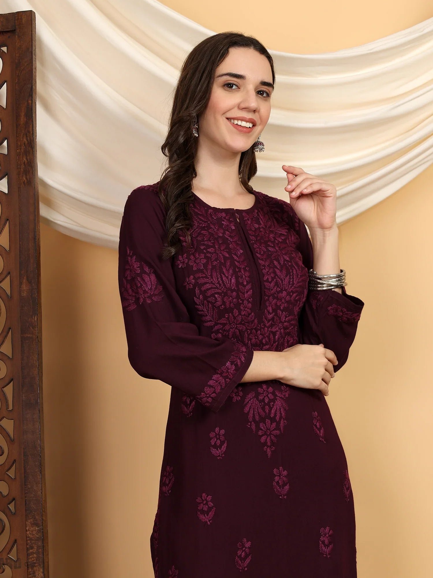 Faiza Chikankari Rayon Co-ord Set (Wine) - Image 2