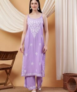 Raha Chikankari Strappy Rayon Co-ord Set (Lilac)