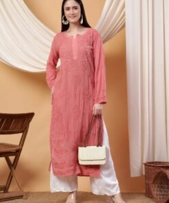 Dua Premium Viscose 3D Chikankari Straight Kurta (Rose gold)