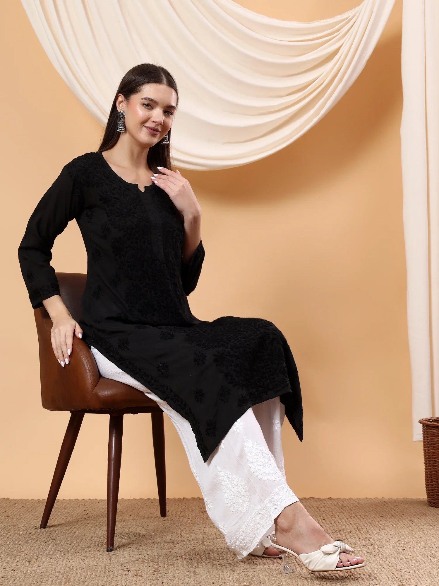 Alina Chikankari Modal Straight Kurta (Black) - Image 3