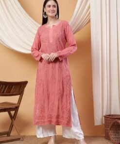 Dua Premium Viscose 3D Chikankari Straight Kurta (Rose gold) - Image 3