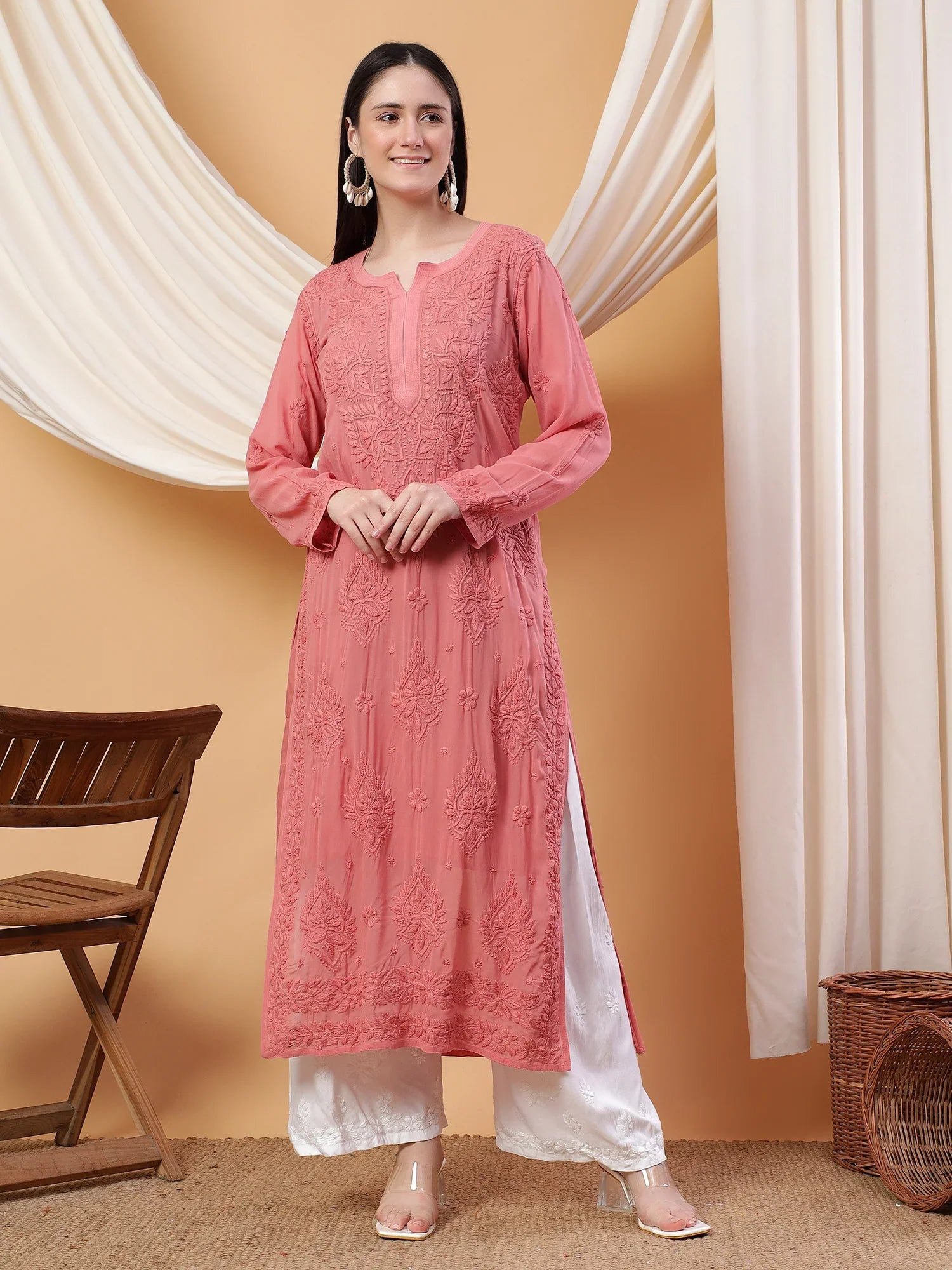 Dua Premium Viscose 3D Chikankari Straight Kurta (Rose gold) - Image 3