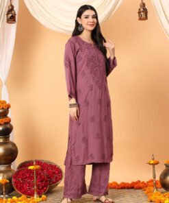 Faiza Chikankari Rayon Co-ord Set (Plum) - Image 3