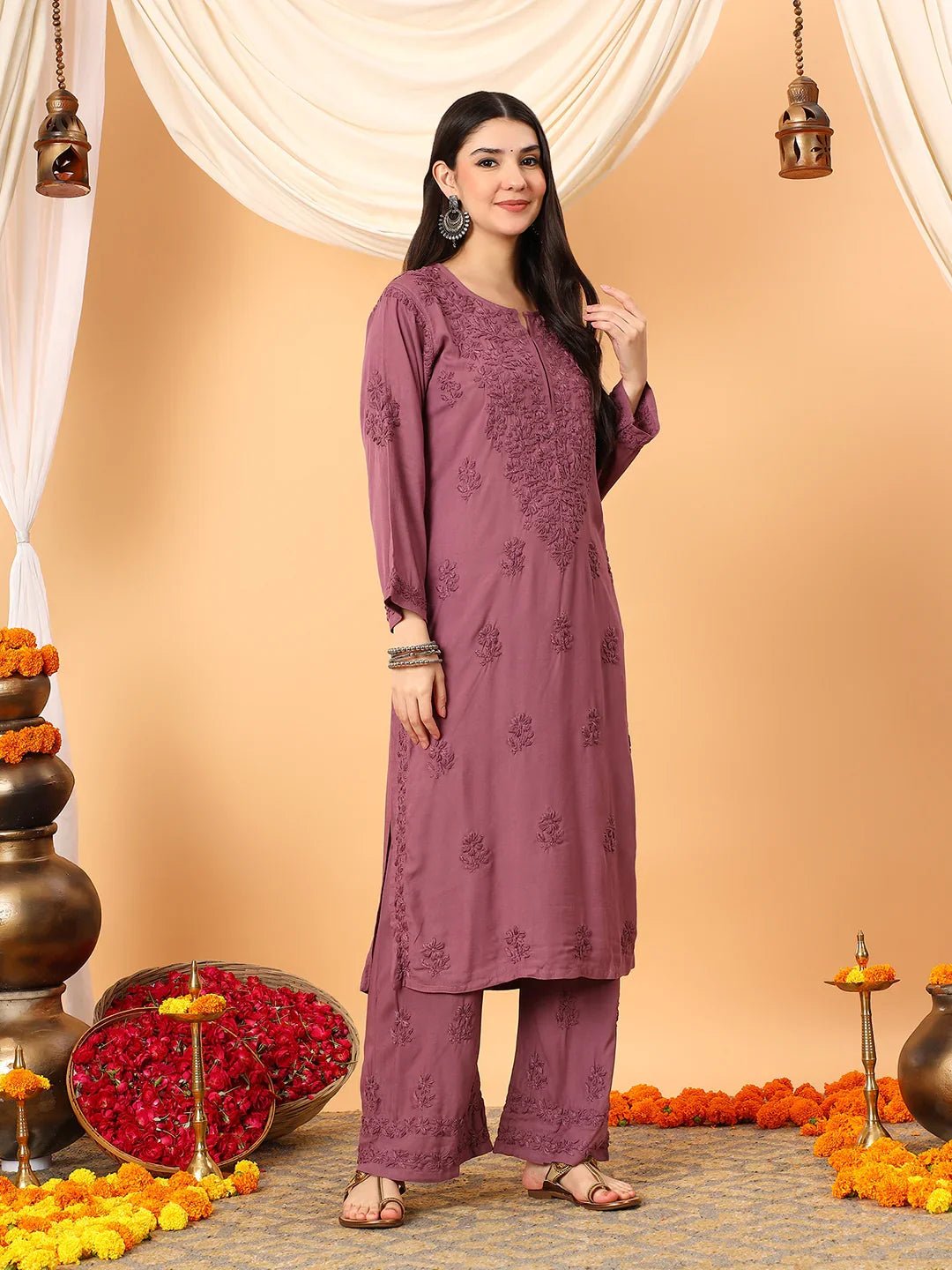 Faiza Chikankari Rayon Co-ord Set (Plum) - Image 3
