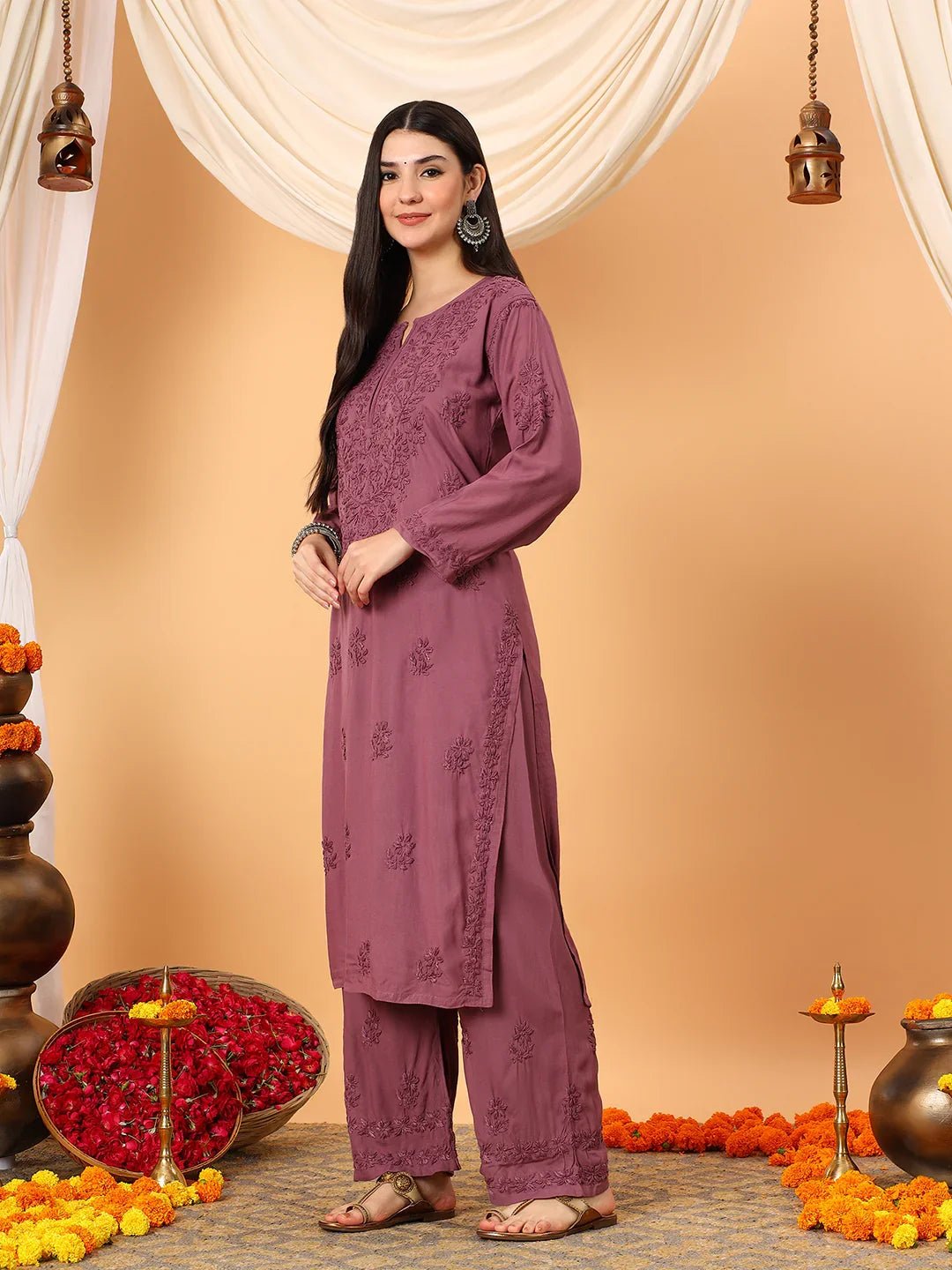 Faiza Chikankari Rayon Co-ord Set (Plum) - Image 4