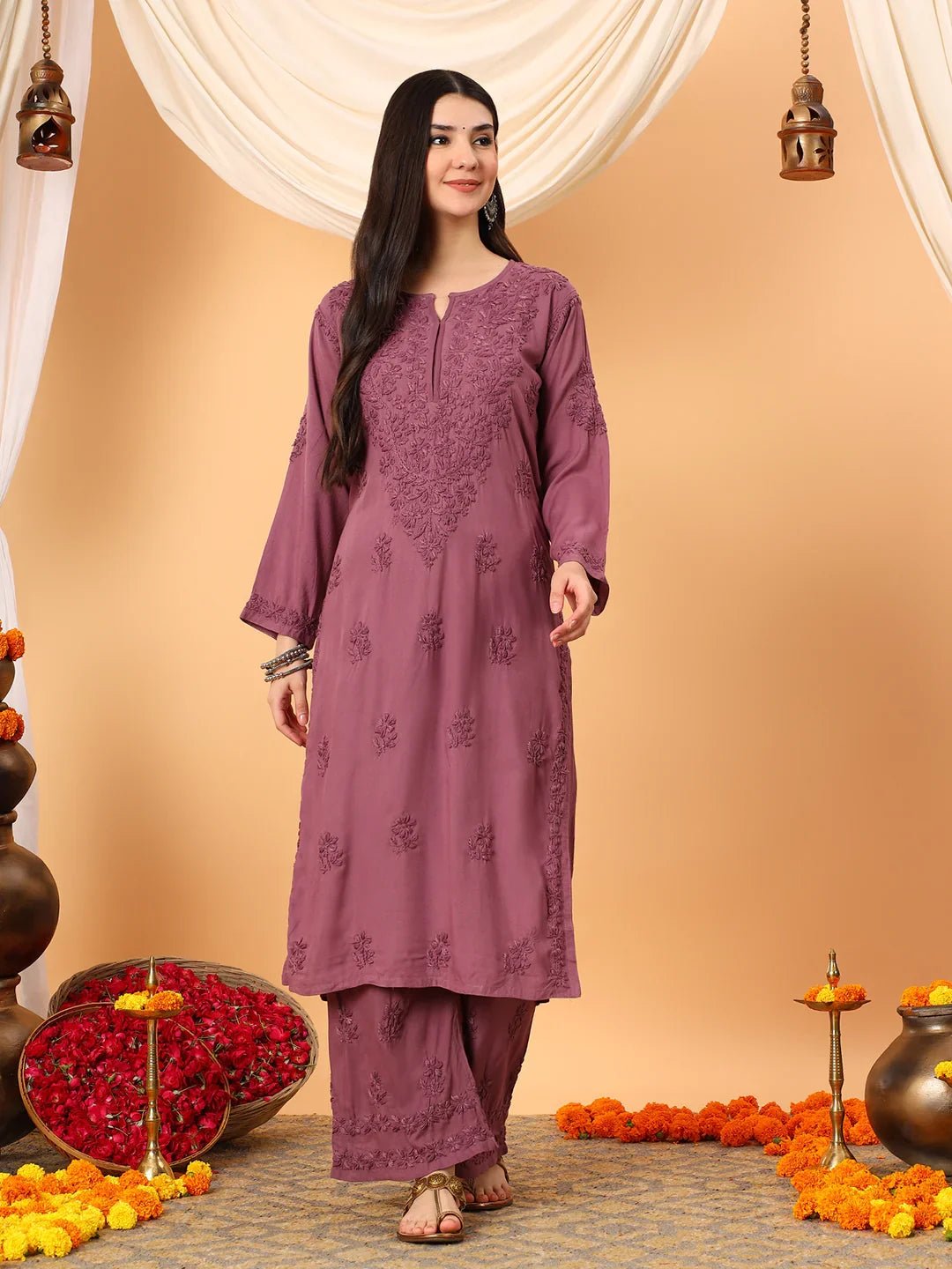 Faiza Chikankari Rayon Co-ord Set (Plum) - Image 6