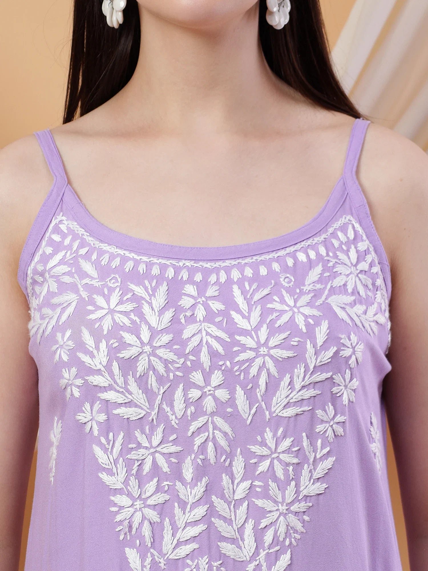 Raha Chikankari Strappy Rayon Co-ord Set (Lilac) - Image 2