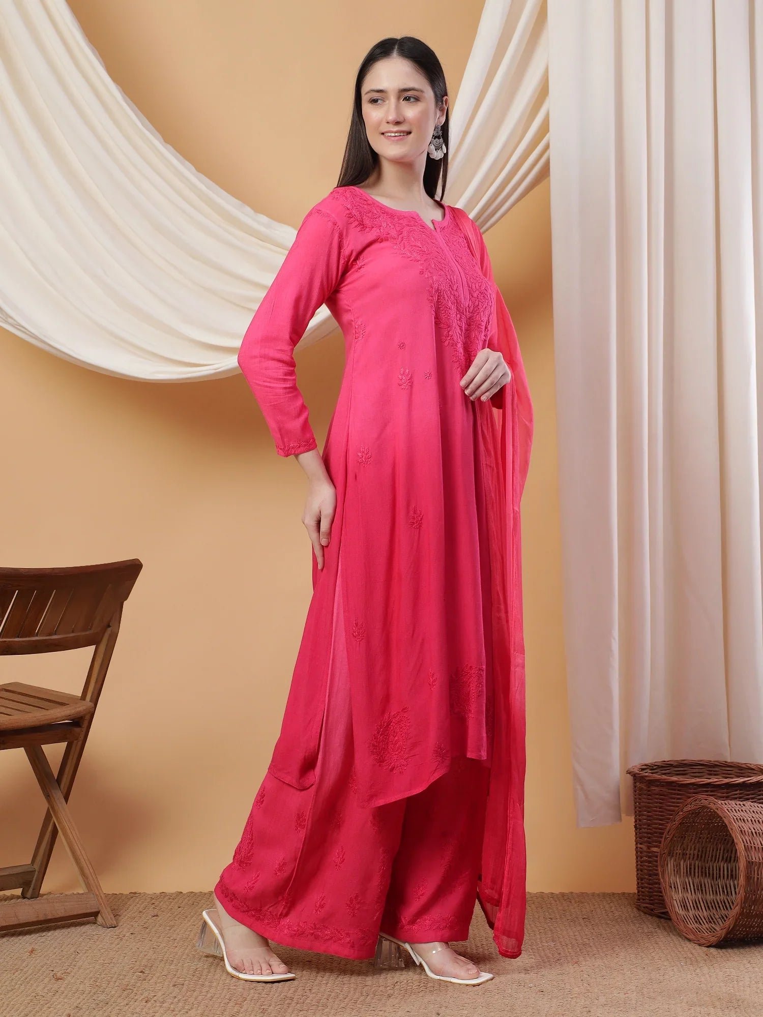 Meher Chikankari Ombre Rayon Co-ord Set (Pink) - Image 3