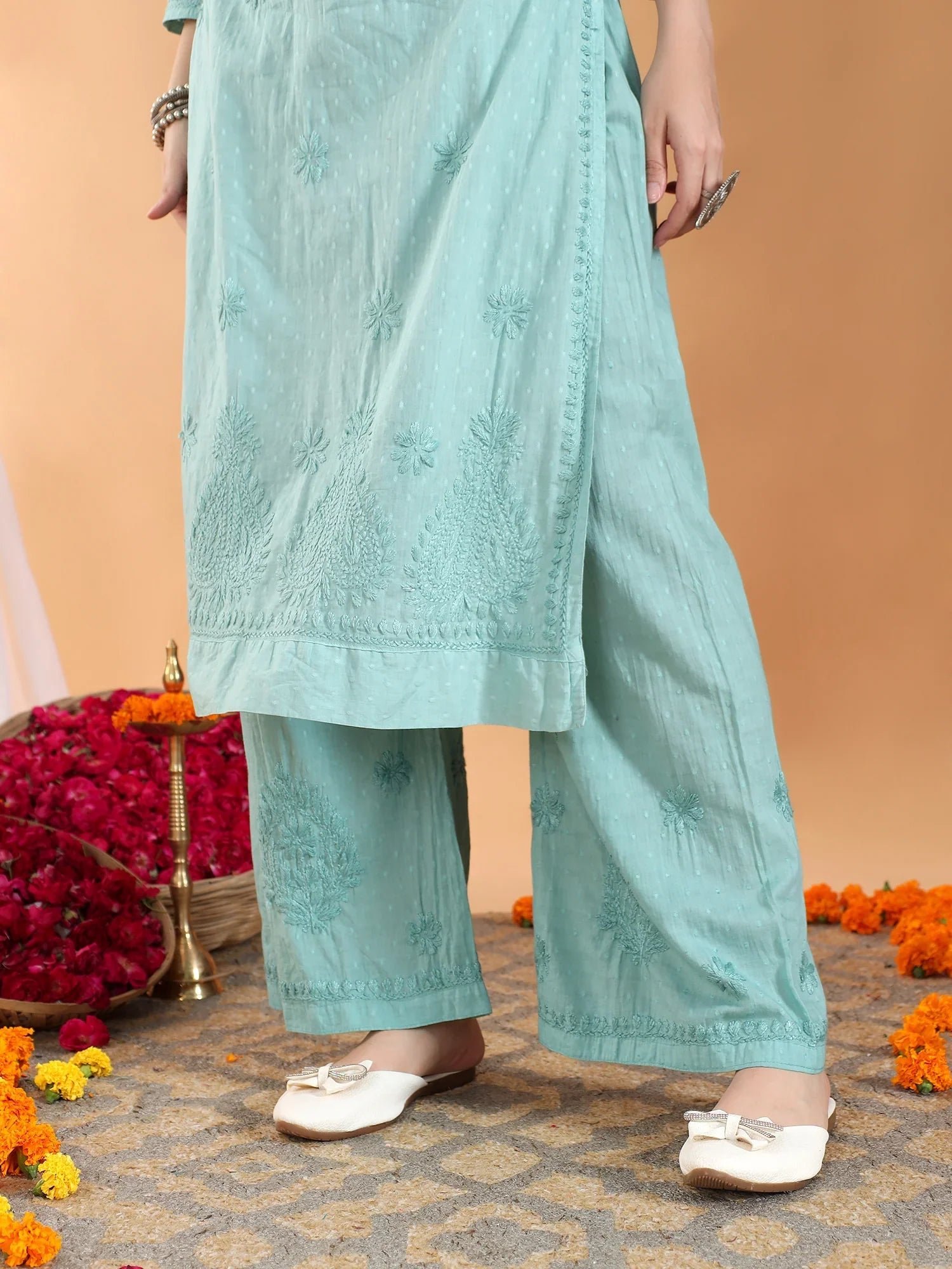 Priya Chikankari Kurta Palazzo Cotton Co-ord Set (Pastel Green) - Image 7