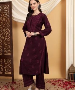 Faiza Chikankari Rayon Co-ord Set (Wine) - Image 3