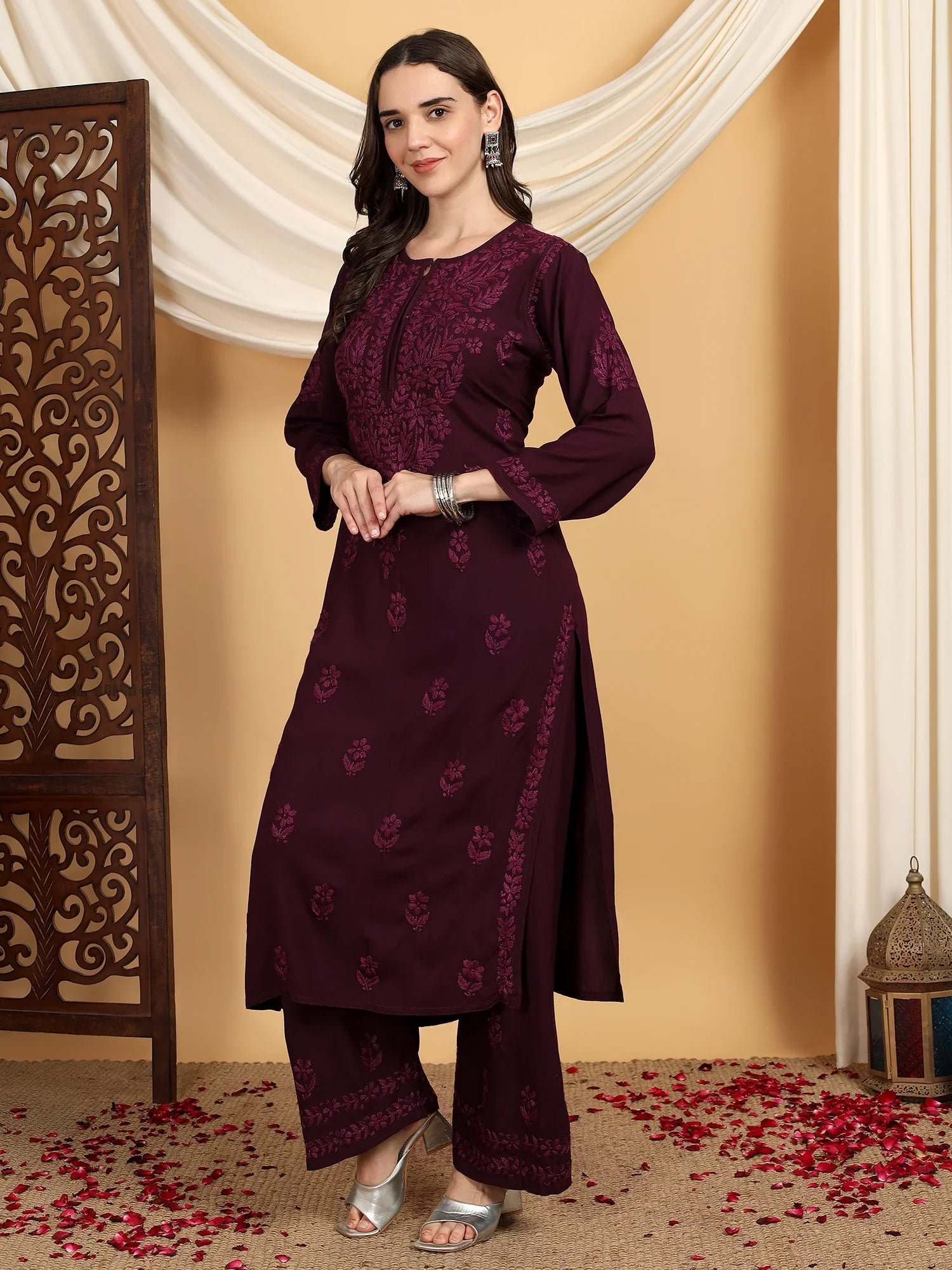 Faiza Chikankari Rayon Co-ord Set (Wine) - Image 3