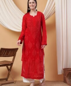 Dua Premium Viscose 3D Chikankari Straight Kurta (Red)