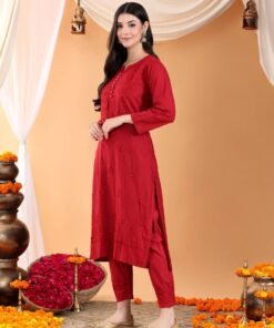 Ananya Chikankari Kurta Pant Cotton Co-ord Set (Maroon) - Image 8