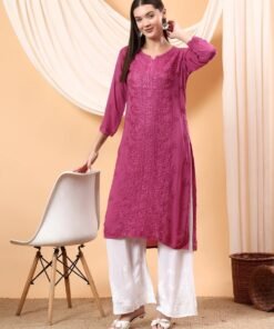 Alina Chikankari Modal Straight Kurta (Wine) - Image 3