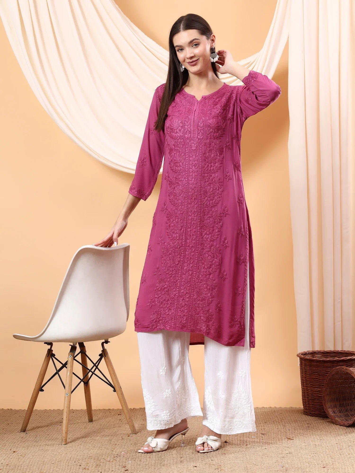 Alina Chikankari Modal Straight Kurta (Wine) - Image 3