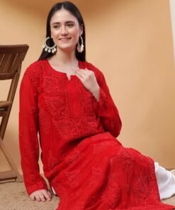 Dua Premium Viscose 3D Chikankari Straight Kurta (Red) - Image 3