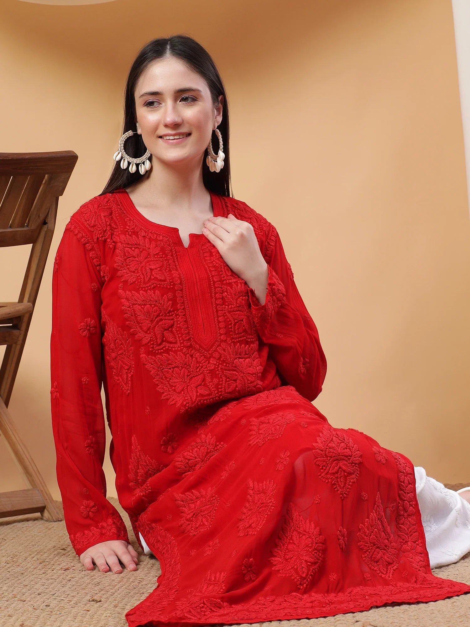 Dua Premium Viscose 3D Chikankari Straight Kurta (Red) - Image 3