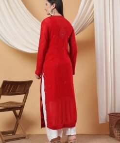Dua Premium Viscose 3D Chikankari Straight Kurta (Red) - Image 4