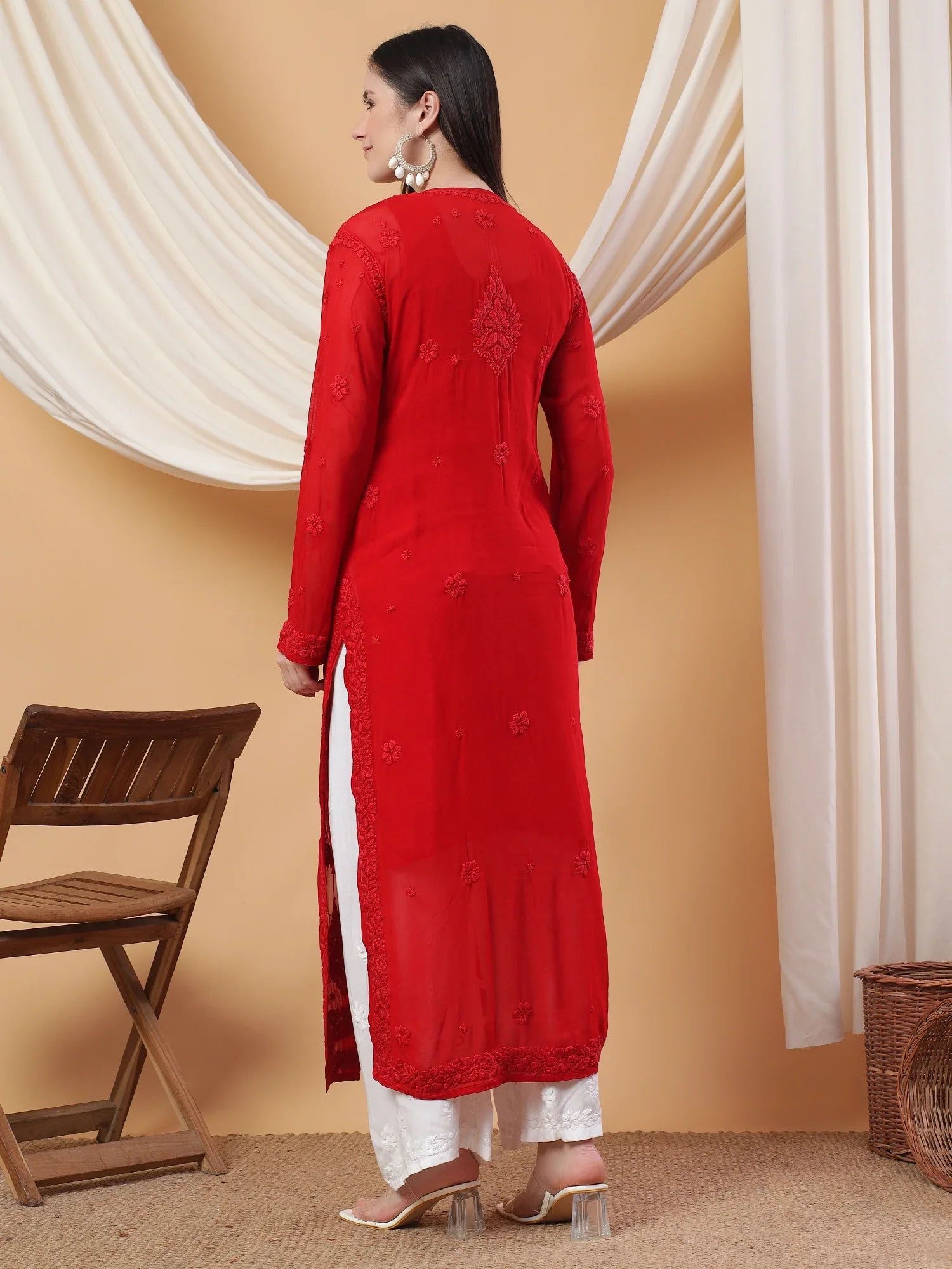 Dua Premium Viscose 3D Chikankari Straight Kurta (Red) - Image 4