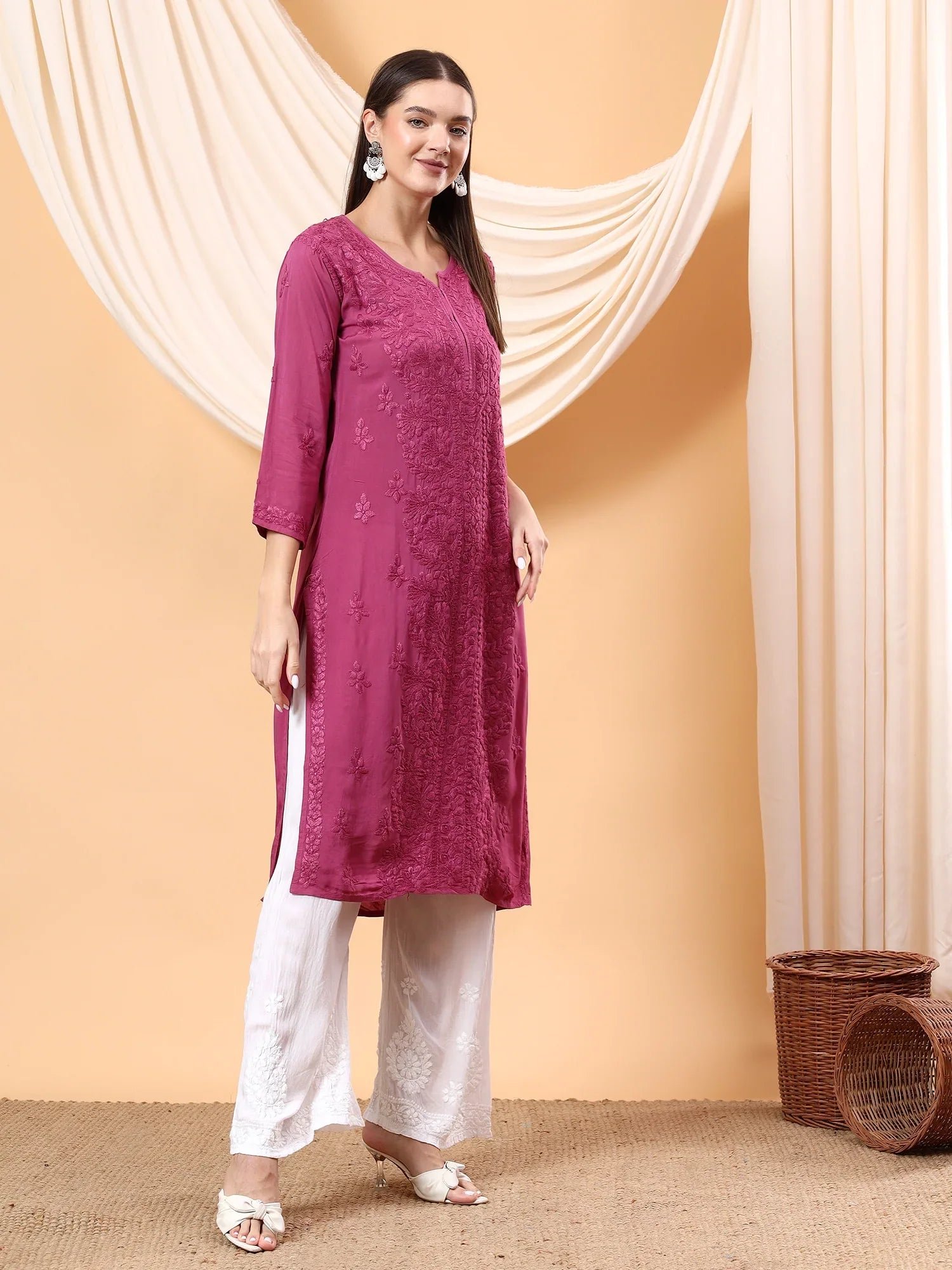 Alina Chikankari Modal Straight Kurta (Wine) - Image 5
