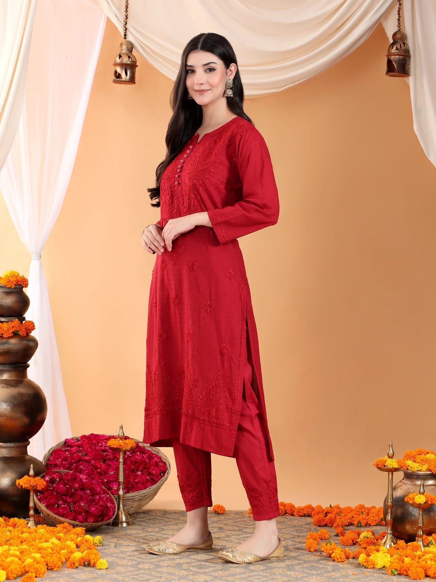 Ananya Chikankari Kurta Pant Cotton Co-ord Set (Maroon) - Image 8