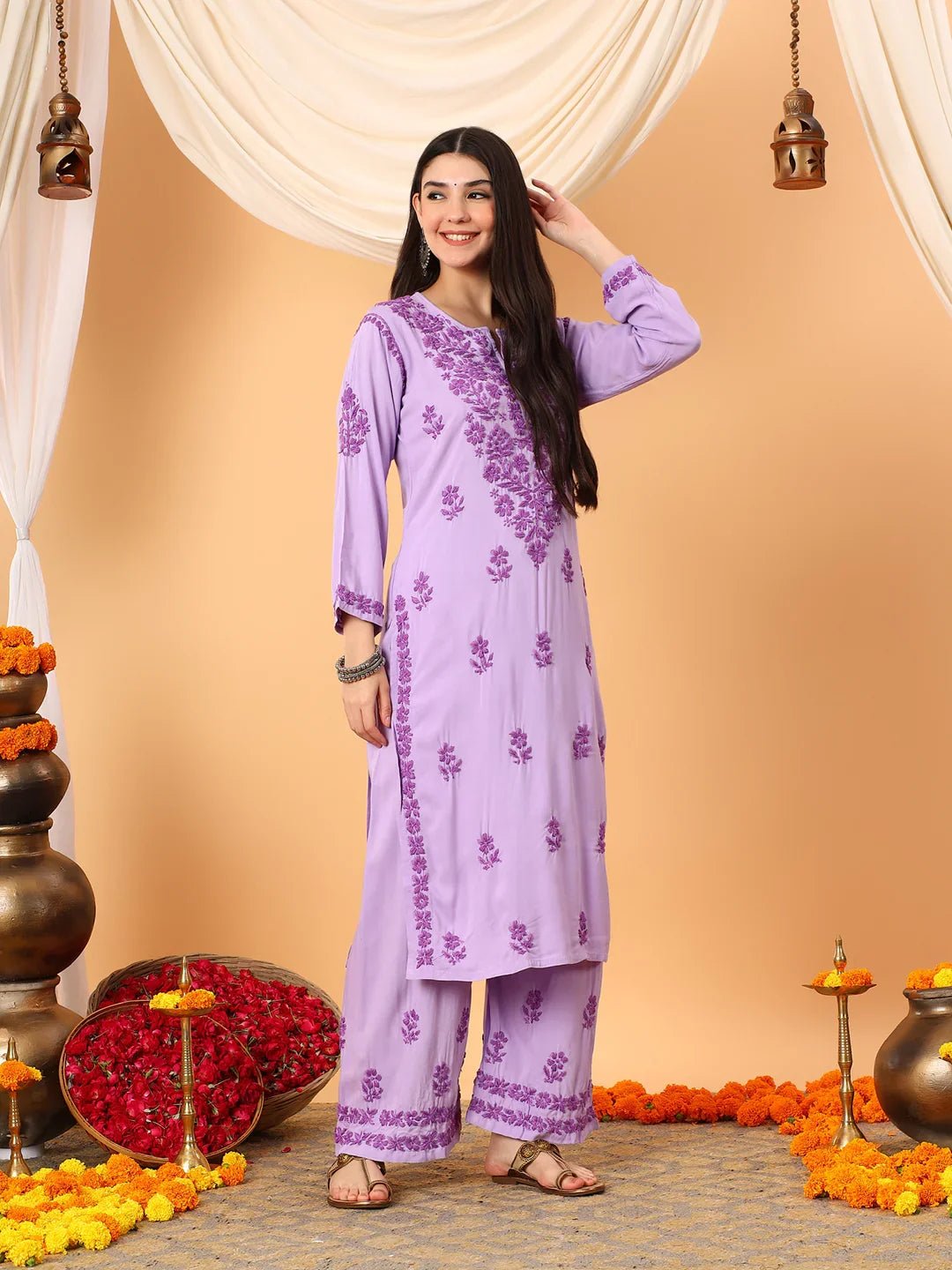 Faiza Chikankari Rayon Co-ord Set (Lavender) - Image 5