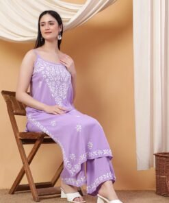 Raha Chikankari Strappy Rayon Co-ord Set (Lilac) - Image 3