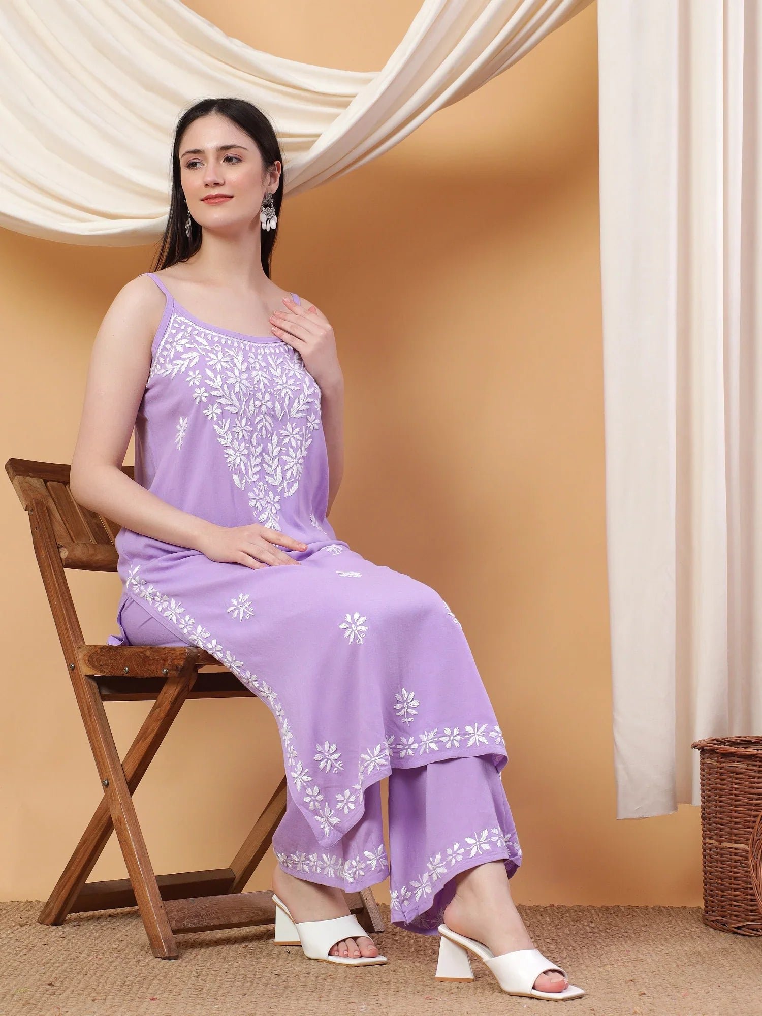 Raha Chikankari Strappy Rayon Co-ord Set (Lilac) - Image 3