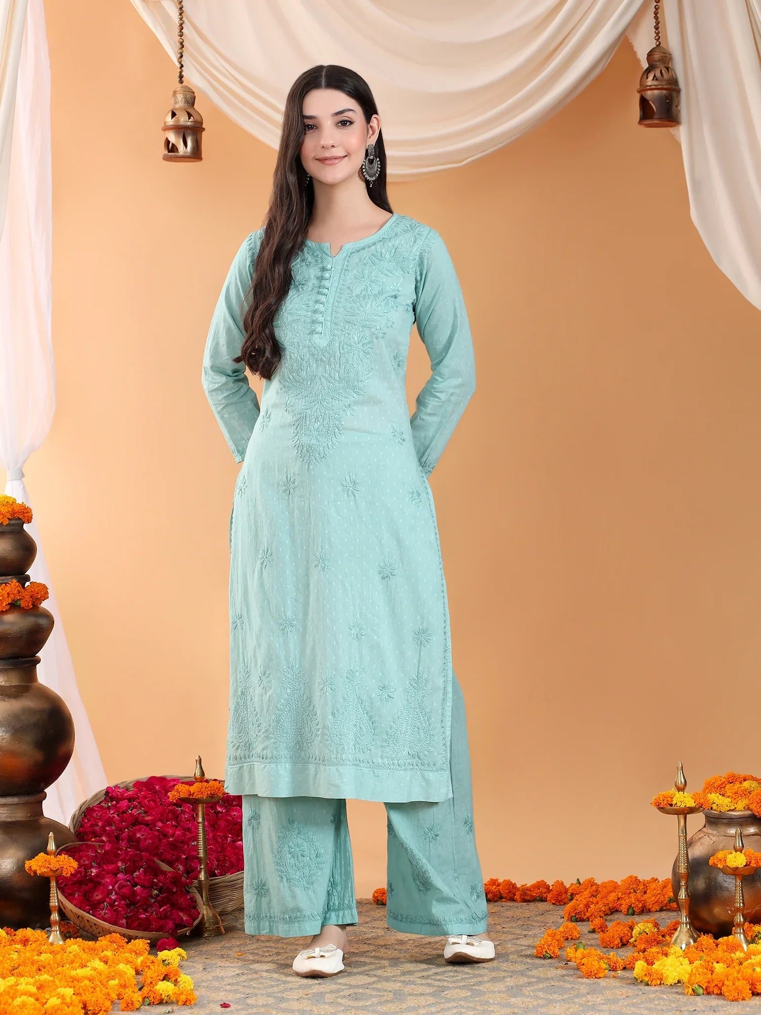 Priya Chikankari Kurta Palazzo Cotton Co-ord Set (Pastel Green) - Image 8
