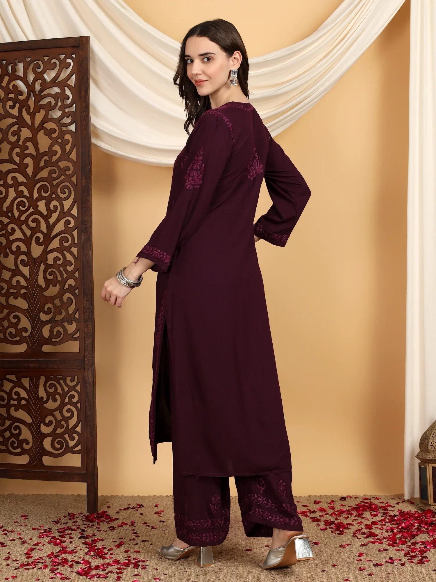Faiza Chikankari Rayon Co-ord Set (Wine) - Image 4