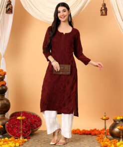 Alina Chikankari Modal Straight Kurta (Brown)