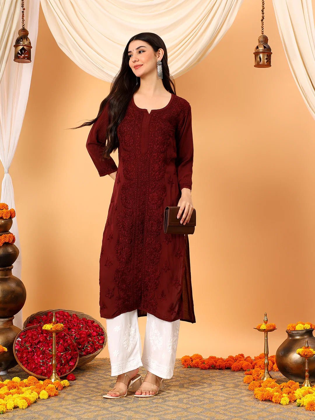 Alina Chikankari Modal Straight Kurta (Brown) - Image 3