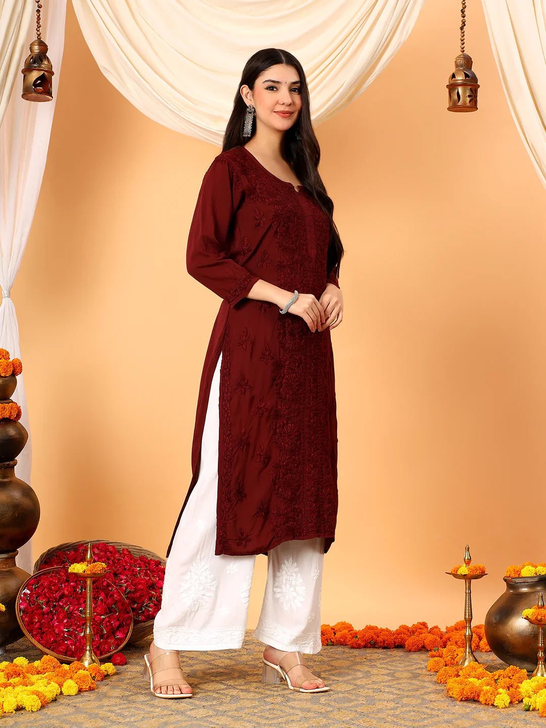 Alina Chikankari Modal Straight Kurta (Brown) - Image 4