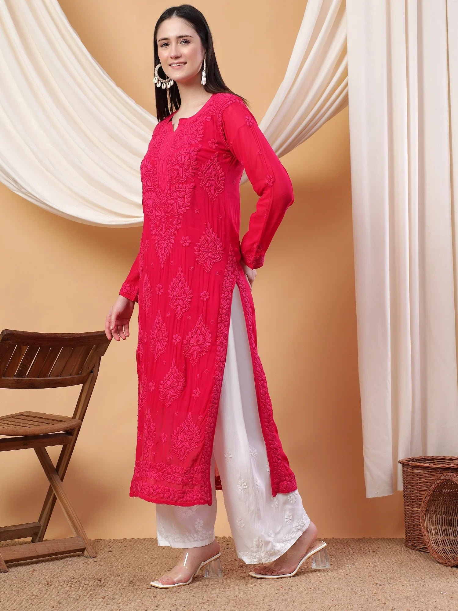 Dua Premium Viscose 3D Chikankari Straight Kurta (Magenta) - Image 4